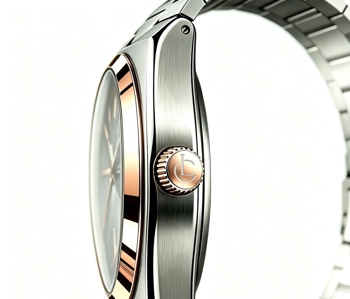 LeeCo Errington side profile showing brushed steel case, rose gold bezel edge, and rose gold crown with LC logo